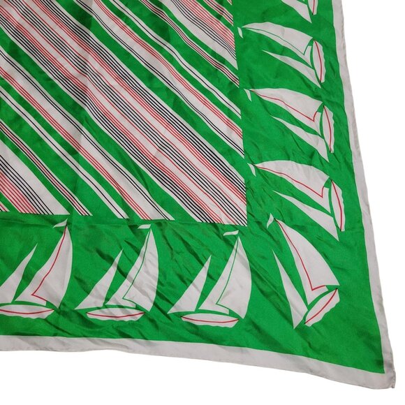 Vintage Echo Silk Scarf Green Nautical Sailboat Print Red Black Stripes As-Is - Picture 7 of 16